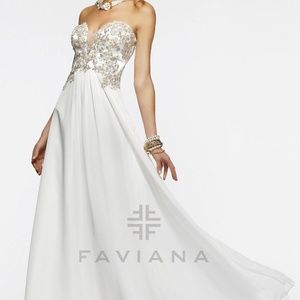 Faviana White Prom Dress w/ Gold Lace Trim at Top